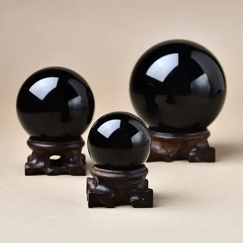 Natürliche Schwarze Obsidian Kristallkugel Polierter Stein Feng Shui Energieball Wohnkultur Ornament Mit Holzständer Basis