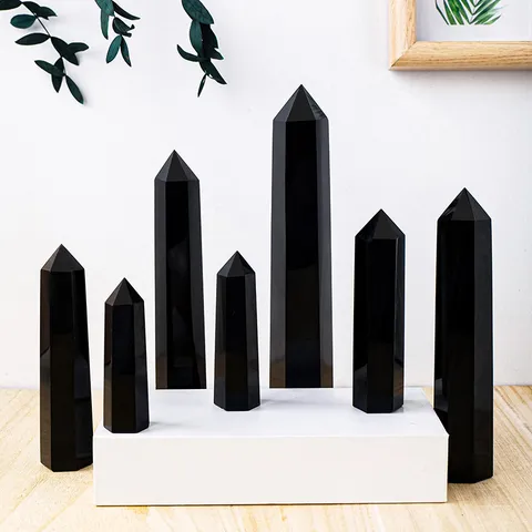 Natural Black Obsidian Hexagonal Pillar Single Point Wand Healing Stone Polished Crystal Prism For Home Office Decor Gift