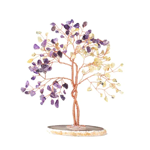 Arbre d'Argent en Cristal Naturel Décoration de Table Fait à la Main Fil de Cuivre Arbre de la Vie Base en Tranche d'Agate Ornement Chanceux Feng Shui
