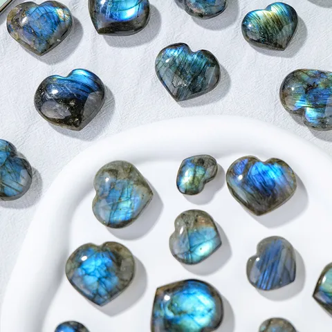 Natural Labradorite Heart Shaped Palm Stone Blue Sheen Polished Pocket Crystal Mineral Specimen Healing Gemstone Home Decor