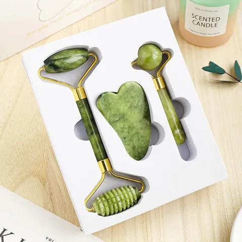 Massaggiatore Facciale Rullo in Giada Naturale Xiuyan e Gua Sha Con Confezione Regalo Strumento di Bellezza a Forma di Cuore