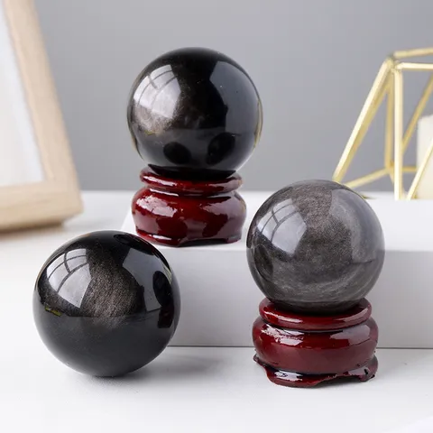 Natürliche Obsidian Kristallkugel Ornament Mit Holzständer Glatte Polierte Kugel Home Office Schreibtisch Dekoration Minimalistische Spirituelle Kristallfigur