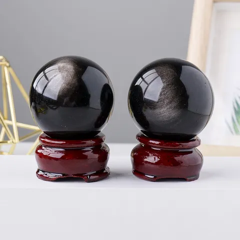 Natürliche Obsidian Kristallkugel Ornament Mit Holzständer Glatte Polierte Kugel Home Office Schreibtisch Dekoration Minimalistische Spirituelle Kristallfigur