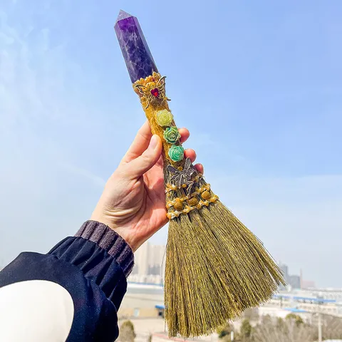 Natural Crystal Hexagonal Column Witch Broom Ornament Wiccan Pagan Altar Decor Handmade Straw Magic Broomstick Home Party Decoration
