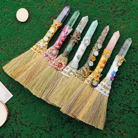 Natural Crystal Hexagonal Column Witch Broom Ornament Wiccan Pagan Altar Decor Handmade Straw Magic Broomstick Home Party Decoration