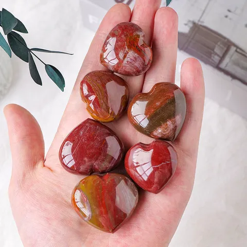 Natural Petrified Wood Crystal Heart Pendant Silicified Wood Raw Stone Healing Crystal Carved Palm Stone Home Decor Ornament