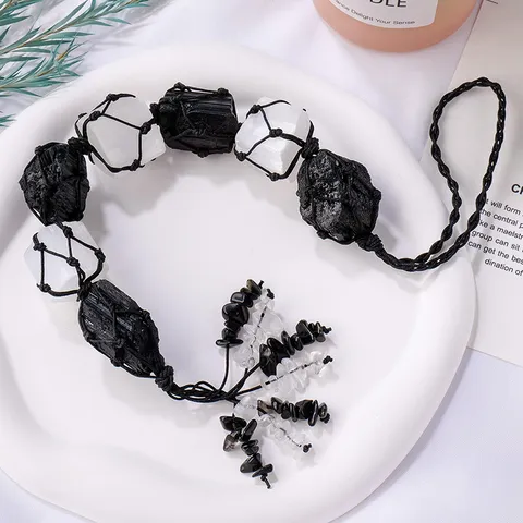 Colgante de Bolsillo de Red Tejida de Turmalina Negra y Selenita Natural con Borla de Grava de Cristal Decoración Hogar Coche