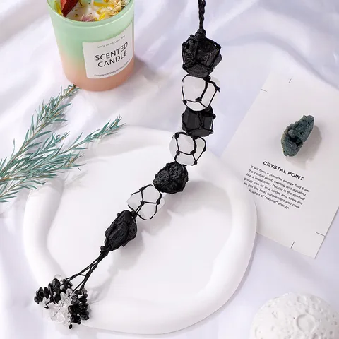 Colgante de Bolsillo de Red Tejida de Turmalina Negra y Selenita Natural con Borla de Grava de Cristal Decoración Hogar Coche
