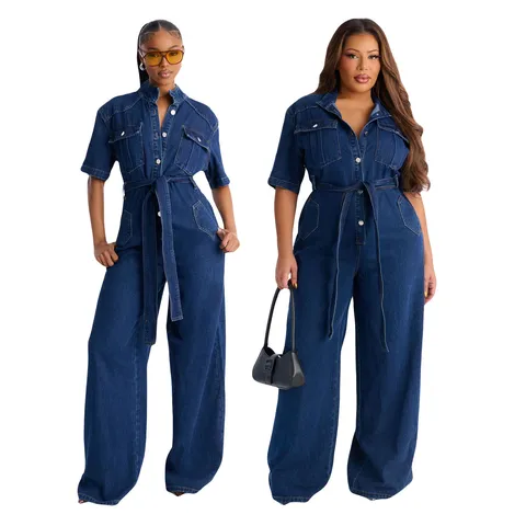 Women Denim Jumpsuit Washed Short Sleeve Wide Leg Overalls Cotton Blend One Piece Romper With Belt Casual Streetwear Blue