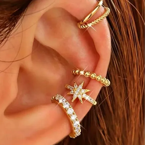 14k Gold Plated Brass Rhinestone Ear Cuffs Non Piercing Star Cartilage Clip On Earrings For Women Fashion Jewelry Gift