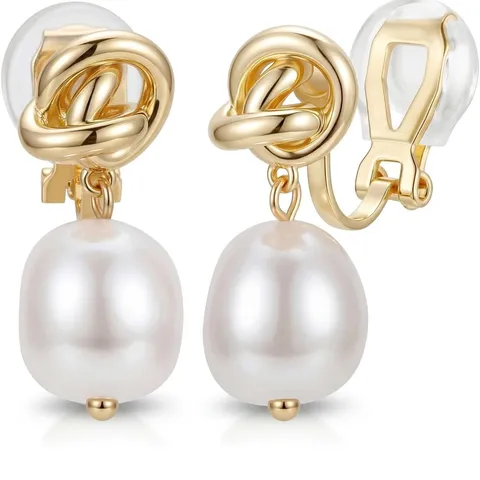 Minimalist Brass Gold Plated Knot Artificial Pearl Drop Clip Earrings For Women Niche Style Rhinestone Accents Geometric Round Loop Earrings Banquet Jewelry