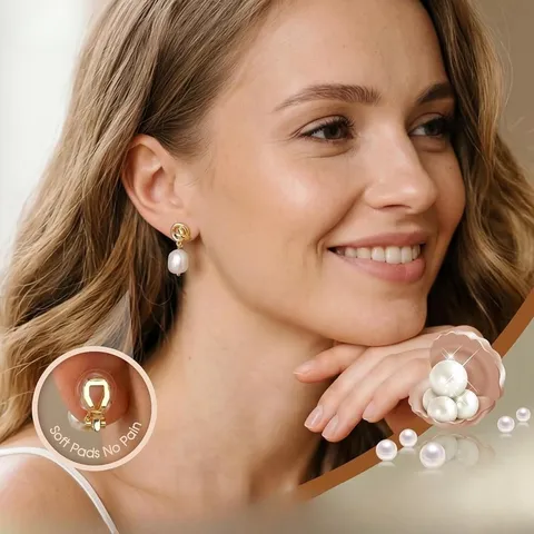 Minimalist Brass Gold Plated Knot Artificial Pearl Drop Clip Earrings For Women Niche Style Rhinestone Accents Geometric Round Loop Earrings Banquet Jewelry