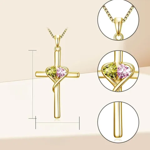 Collier Pendentif Croix Cœur Style Européen Américain en Cuivre Plaqué Or avec Zirconia Double Cœur Collier Croix pour Femmes Bijoux Cadeau