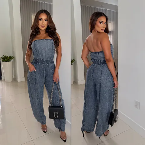 Sexy Dames Gewassen Denim Jumpsuit Tube Top Off Shoulder Wijde Pijp Rechte Romper Casual Streetwear Party Denim Jumpsuit