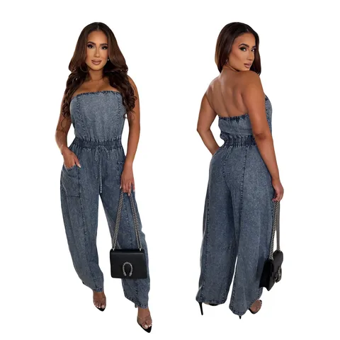 Sexy Dames Gewassen Denim Jumpsuit Tube Top Off Shoulder Wijde Pijp Rechte Romper Casual Streetwear Party Denim Jumpsuit