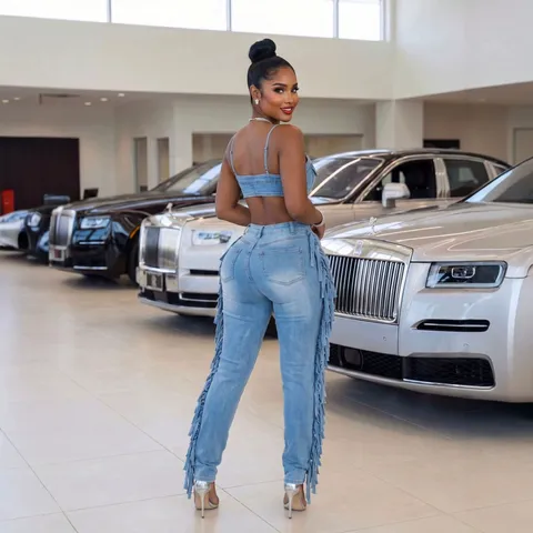 Mono de Denim Sexy Con Tirantes Spaghetti Desgastado Con Borlas Alta Elasticidad Calado Mujer Streetwear Bodycon Romper