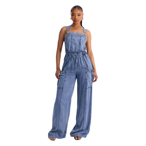 Women Sexy Denim Jumpsuit Backless Washed Wide Leg Suspenders Romper High Waist Cotton Bodysuit Streetwear Clubwear