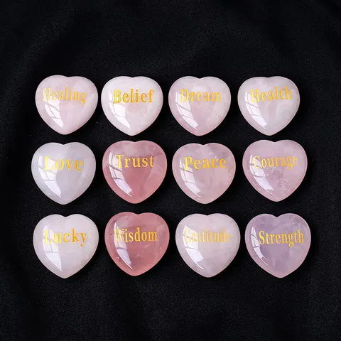 Rose Quartz Heart Stone Engraved Natural Pink Crystal Ornament Gift Wisdom Love Healing Worry Stone For Home Office Decor