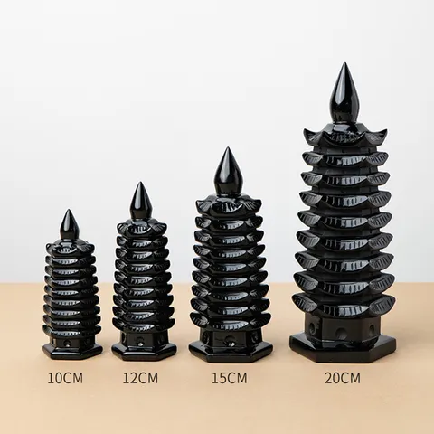 Natural Obsidian Nine Layer Wenchang Pagoda Tower Ornament Crystal Stone Desktop Decoration For Office Home Decor Energy Tower