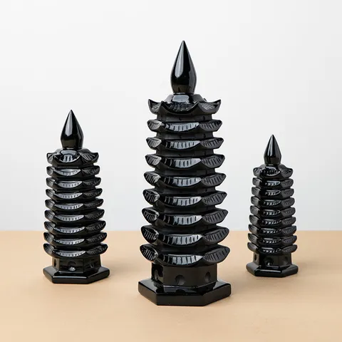 Natural Obsidian Nine Layer Wenchang Pagoda Tower Ornament Crystal Stone Desktop Decoration For Office Home Decor Energy Tower