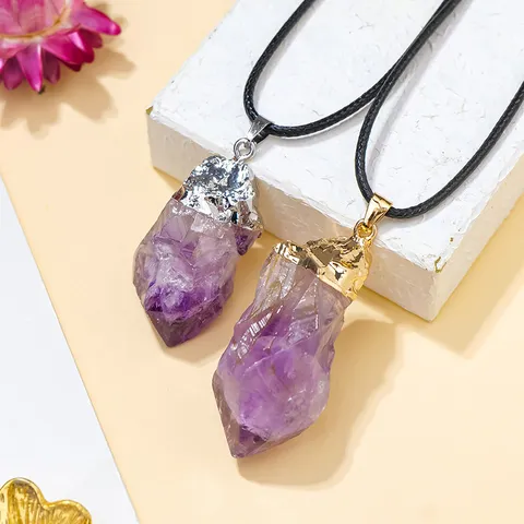 Natürliche Uruguay Amethyst Rohstein Zepter Anhänger Halskette Gold Silber Galvanisiert Mineral Probe Kristall Schmuck Für Unisex
