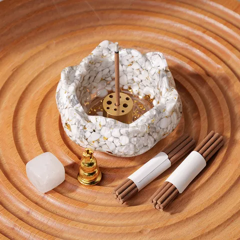 Natural Crystal Chips Resin Lotus Flower Heart Shape Incense Burner Kit Healing Stones Meditation Home Decor Office Desktop Incense Holder