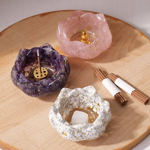 Natural Crystal Chips Resin Lotus Flower Heart Shape Incense Burner Kit Healing Stones Meditation Home Decor Office Desktop Incense Holder