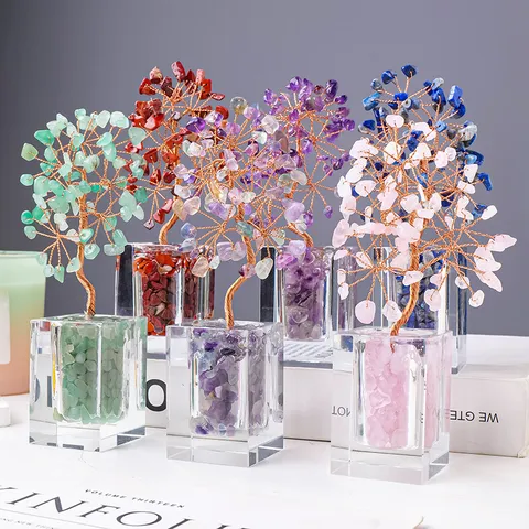 Natural Crystal Chip Money Tree Wealth Luck Healing Stones Ornament Hand-Woven Copper Wire Tree With Glass Vase Base Table Decor