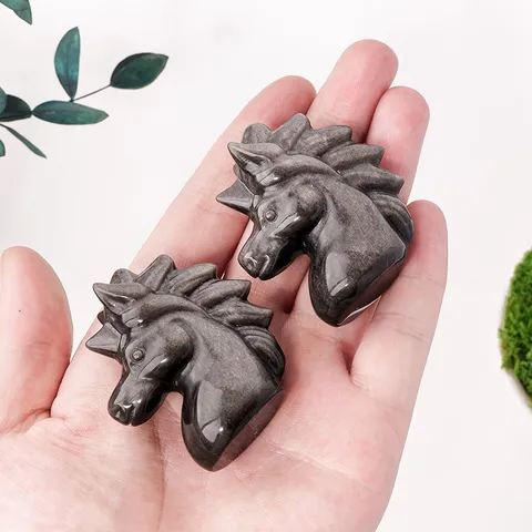 Natural Silver Obsidian Unicorn Carving Figurine Crystal Healing Stone Desktop Decoration Small Unicorn Statue Office Ornament Gift