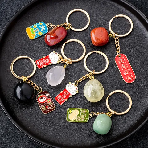 Chinesischer Stil Naturstein Kristall Trommelstein Schlüsselanhänger Legierung Glückskatze Segen Anhänger Tasche Dekoration Schmuck Geschenk