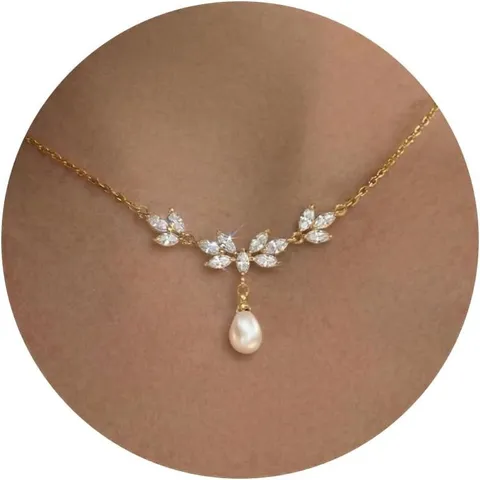 Elegante Collar de Perla en Forma de Lágrima de Mariposa y Hoja de Circonia para Mujer Cadena de Cobre Joyería de Moda