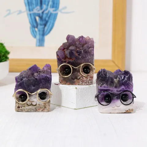 Ornement de Hérisson en Cluster d'Améthyste Naturelle Artisanat en Cristal Créatif Figurine Décorative de Bureau Animaux Avec Lunettes