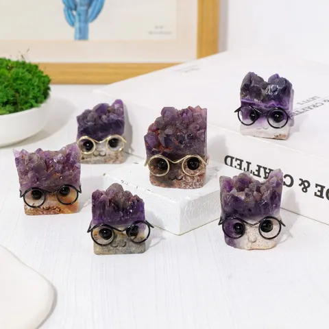 Ornement de Hérisson en Cluster d'Améthyste Naturelle Artisanat en Cristal Créatif Figurine Décorative de Bureau Animaux Avec Lunettes
