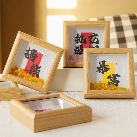 Natural Crystal Crushed Stone Wood Frame Tabletop Decor Chinese Style Blessing Decoration For Home Office Housewarming Gift