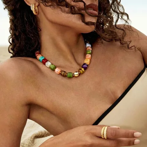 Rainbow Resin Sugar Cube Beaded Necklace For Women Fashion Gold Alloy Beads Geometric Choker Party Vacation Jewelry Gift