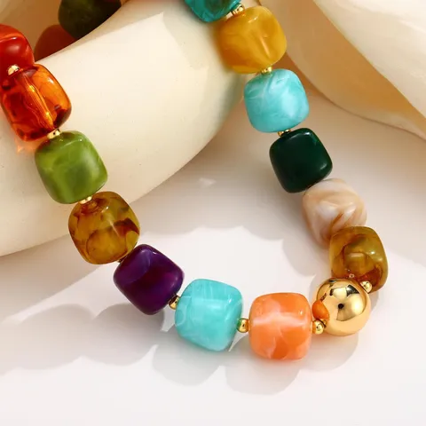 Rainbow Resin Sugar Cube Beaded Necklace For Women Fashion Gold Alloy Beads Geometric Choker Party Vacation Jewelry Gift