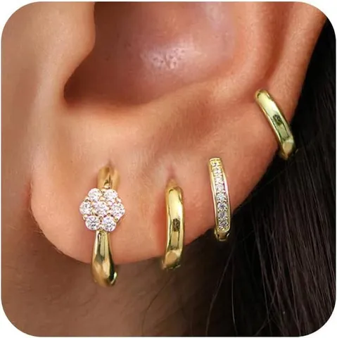 Mode Boucles d'Oreilles Créoles Géométriques en Laiton Plaqué Or 14k Zirconia Boucle d'Oreille Clous Ronds Set pour Unisexe Quotidien Fête Bijoux