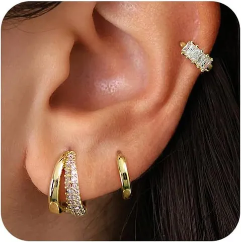 Mode Boucles d'Oreilles Créoles Géométriques en Laiton Plaqué Or 14k Zirconia Boucle d'Oreille Clous Ronds Set pour Unisexe Quotidien Fête Bijoux