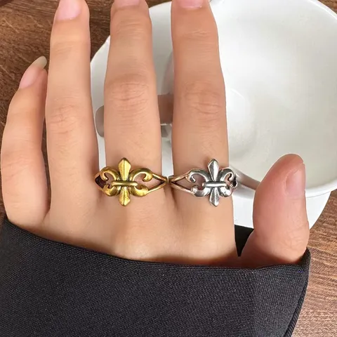 Vintage Copper Fleur-de-lis Open Ring For Men Women Minimalist Gothic Thai Silver Style Electroplated Geometric Finger Ring Jewelry