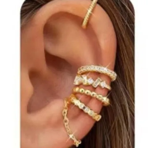 Euro-American Brass 14K Gold Plated Double Layer Ear Cuffs Geometric Pave Rhinestone Non Pierced Clip On Earrings For Women Party