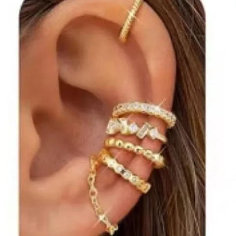 Euro-American Brass 14K Gold Plated Double Layer Ear Cuffs Geometric Pave Rhinestone Non Pierced Clip On Earrings For Women Party