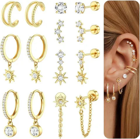 Boucles d'Oreilles Clous en Laiton Plaqué Or Étoile Avec Chaîne Ensemble Strass Tige en Acier Inoxydable Piercing Cartilage Femme