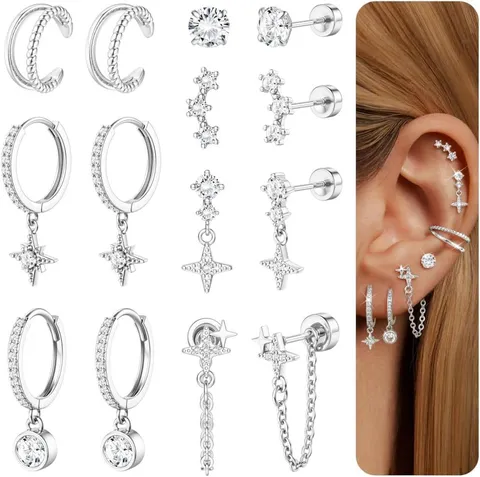 Boucles d'Oreilles Clous en Laiton Plaqué Or Étoile Avec Chaîne Ensemble Strass Tige en Acier Inoxydable Piercing Cartilage Femme