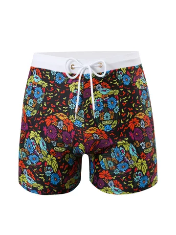 Men Quick Dry Swim Trunks Colorful Skull Floral Print Boxer Briefs Elastic Drawstring Waist Athletic Board Shorts