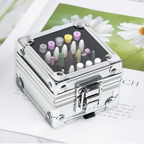 Portable Metal Nail Drill Bit Storage Box Organizer Case With Transparent Lid And Sponge Holder For Nail Art Tools