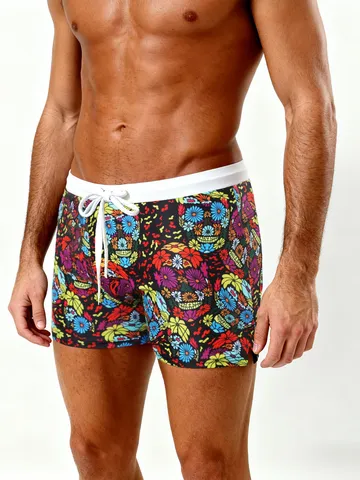Men Quick Dry Swim Trunks Colorful Skull Floral Print Boxer Briefs Elastic Drawstring Waist Athletic Board Shorts