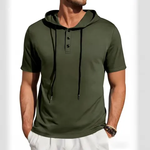 Camiseta con Capucha de Manga Corta Casual para Hombre Estilo Americano Henley Jersey Ligero Color Sólido Verano Poliéster Top