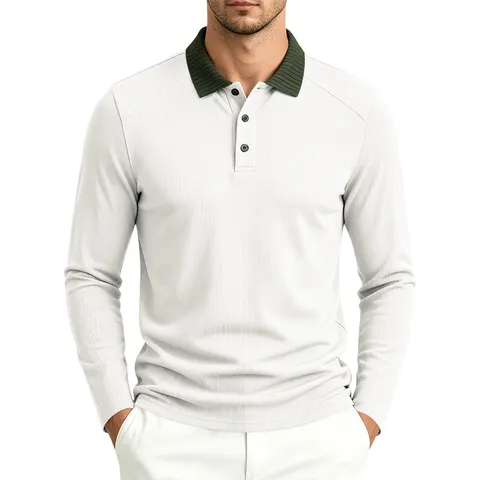 Polo de Manga Larga Casual para Hombre Cuello de Solapa Acanalado en Contraste Top de Punto Transpirable Color Sólido Moda Estilo Urbano Primavera Otoño