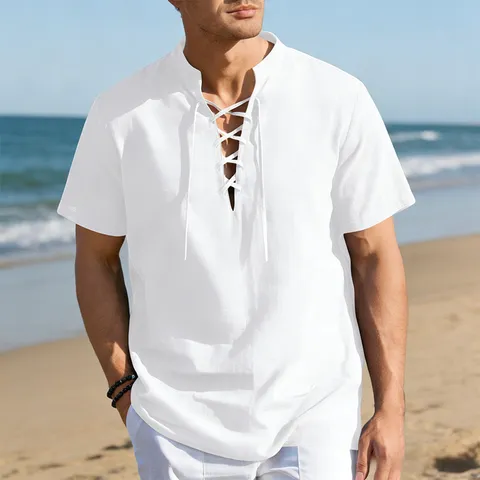 Men's Vintage Casual Linen Blend Shirt Short Sleeve Henley Neck Drawstring Lace Up Loose Fit Summer Beach Holiday Top