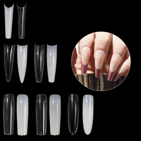 Faux Ongles Couverture Totale Extensions d'Ongles Françaises Couleur Transparente et Naturelle Nail Art Maniküre